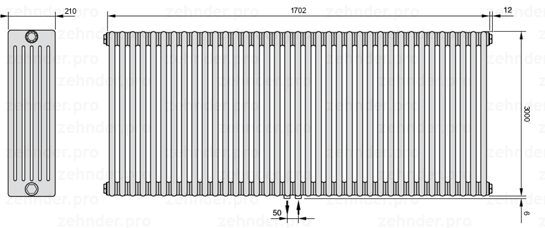 Схема (чертеж) Радиатор Zehnder Charleston 6300/37 №5410 Белый глянцевый RAL 9016